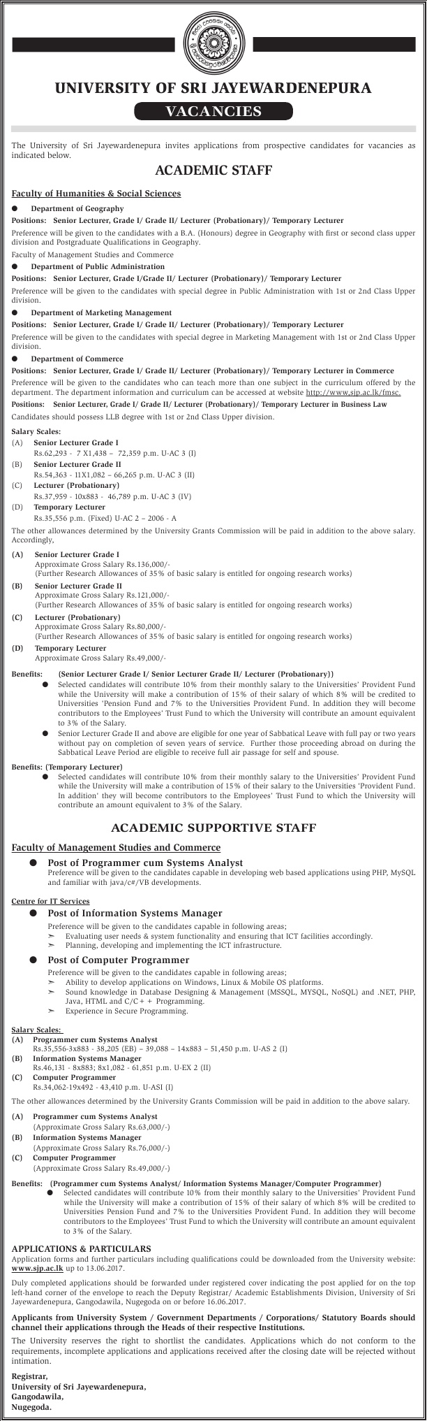 Programmer Cum Systems Analyst, Information Systems Manager, Computer Programmer, Lecturer - University of Sri Jayewardenepura